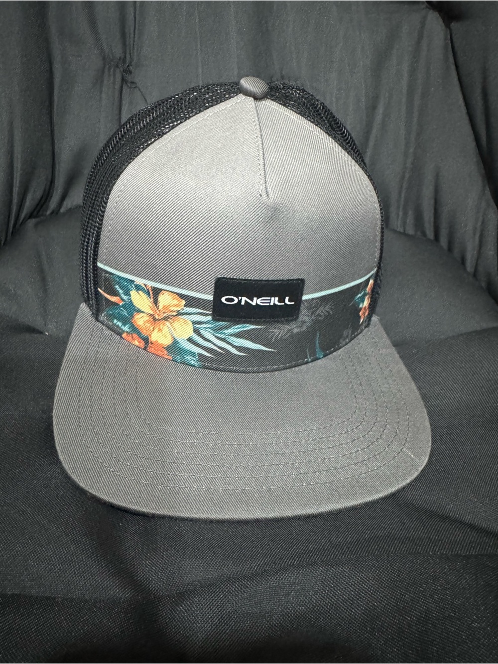 O’Neill Trucker Snapback Hat Gray Black Floral Surf Flat Bill Adjustable Cap
